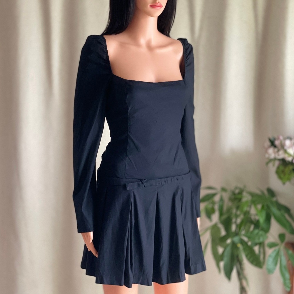 Reformation Luella Poplin Square-Neck Minidress Black Pleated Goth Minimalist 10